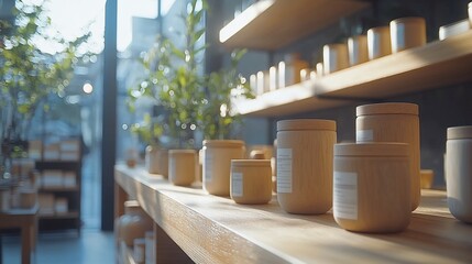 Wooden containers and plants on store shelves