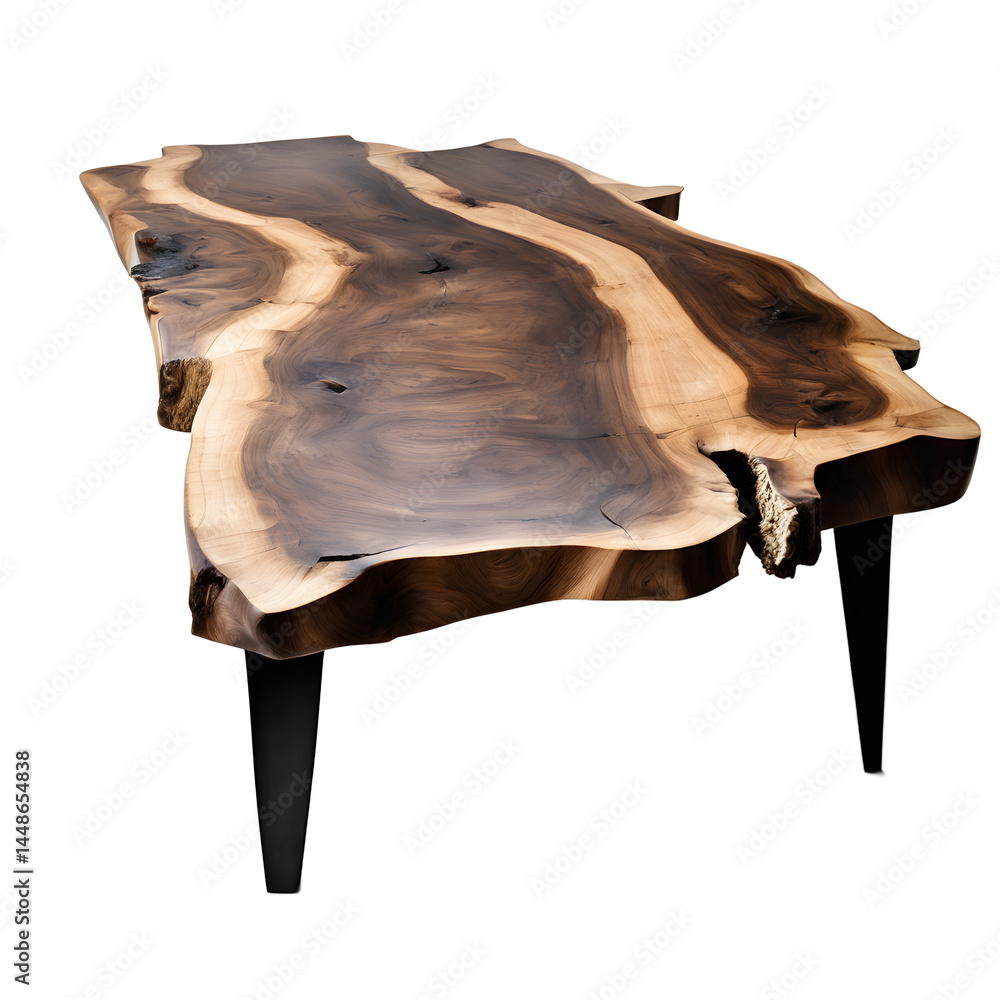 Poster modern rustic live edge walnut slab coffee table with black steel legs, isolated on a empty plain ba