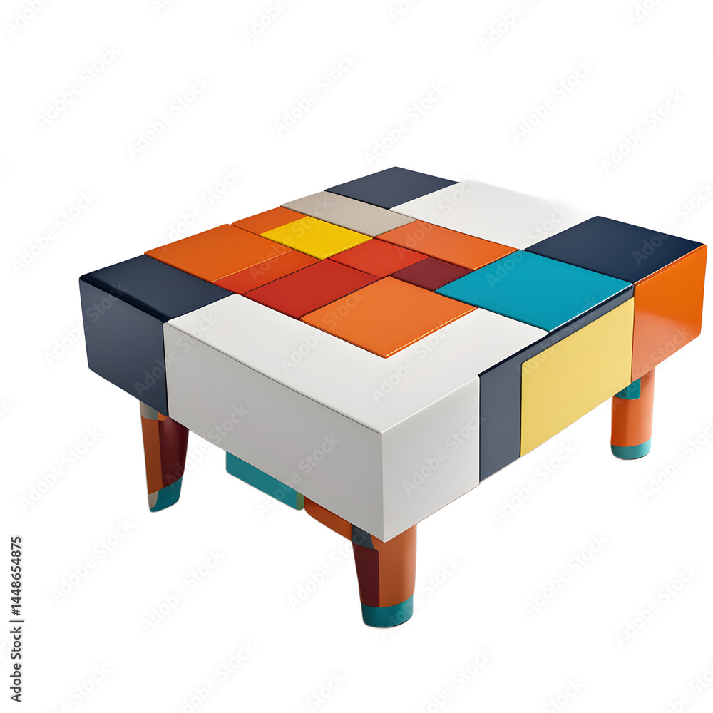 Aufkleber Postmodern colorful blocky coffee table with asymmetrical forms, isolated on a empty plain background