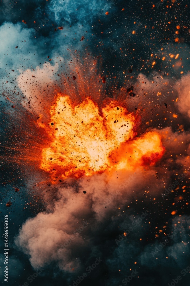 Poster dynamic explosion of fiery orange energy and debris against a moody dark background creating a drama