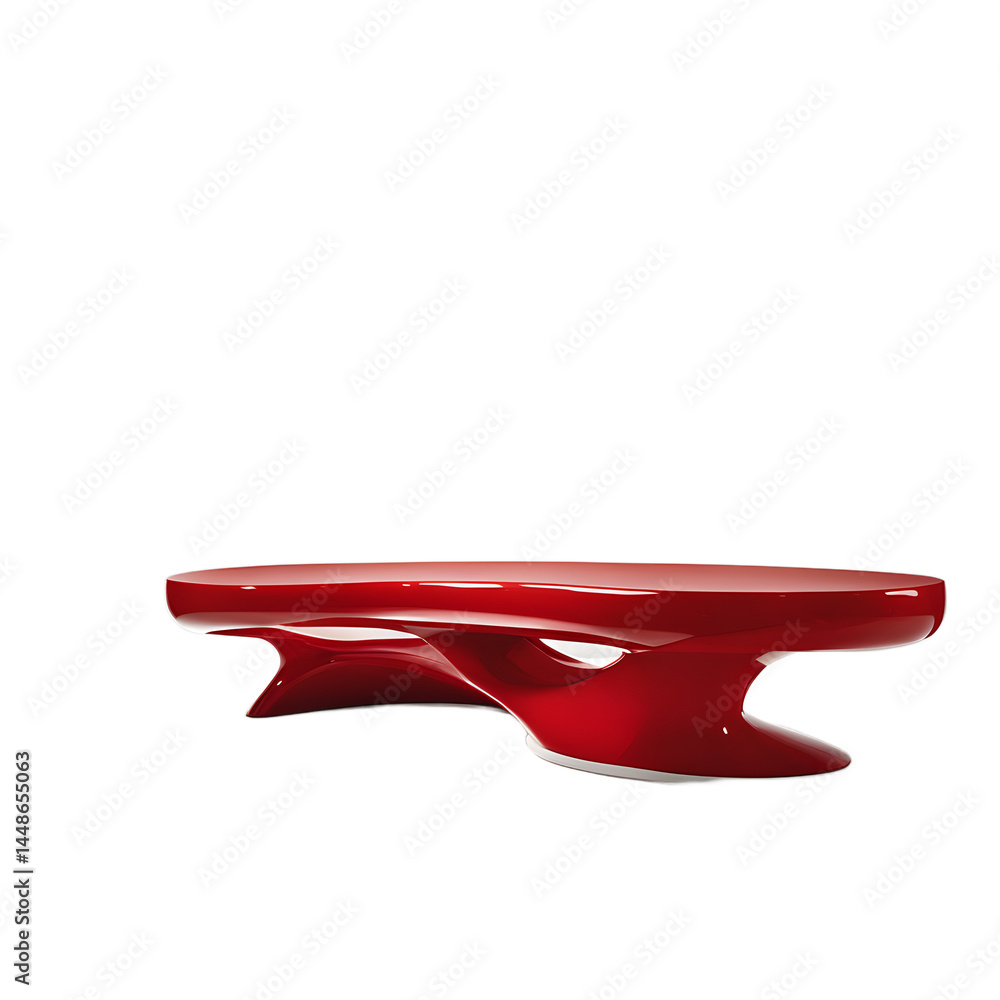 Poster space age molded fiberglass kidney-shaped coffee table in glossy red, isolated on a empty plain back