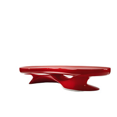 Space age molded fiberglass kidney-shaped coffee table in glossy red, isolated on a empty plain background