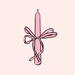 Candle with bow in sketch style. Vector outline illustration in black and pink color. Coquette core aesthetic. Vector illustration