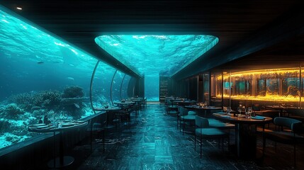 Underwater restaurant with panoramic ocean views and modern design.