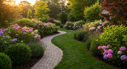 Serene Garden Path Surrounded By Lush Hydrangeas During Golden Hour