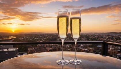 Glasses of beer on the rooftop at sunset