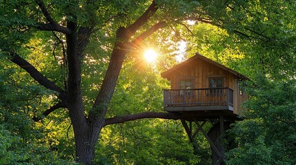 Wooden treehouse nestled amongst lush green trees, bathed in sunlight
