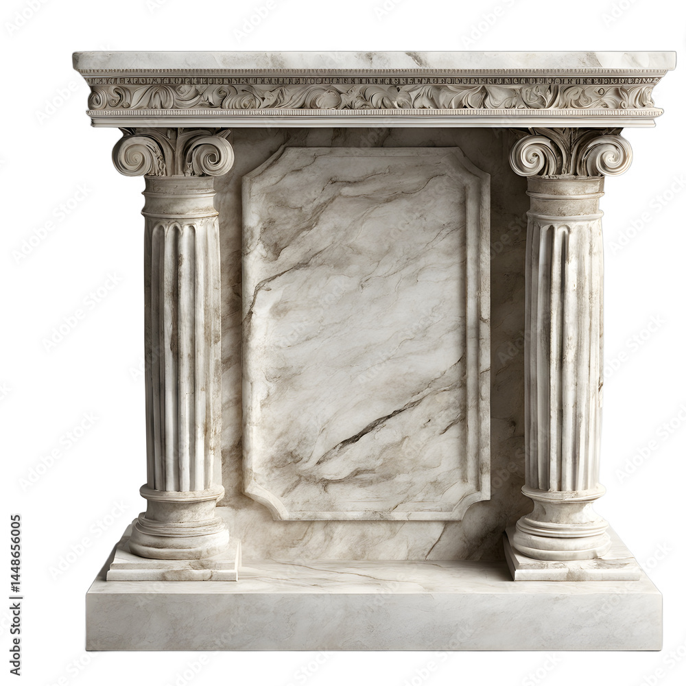 Poster ancient roman marble slab desk with carved pedestal base, isolated on a empty plain background