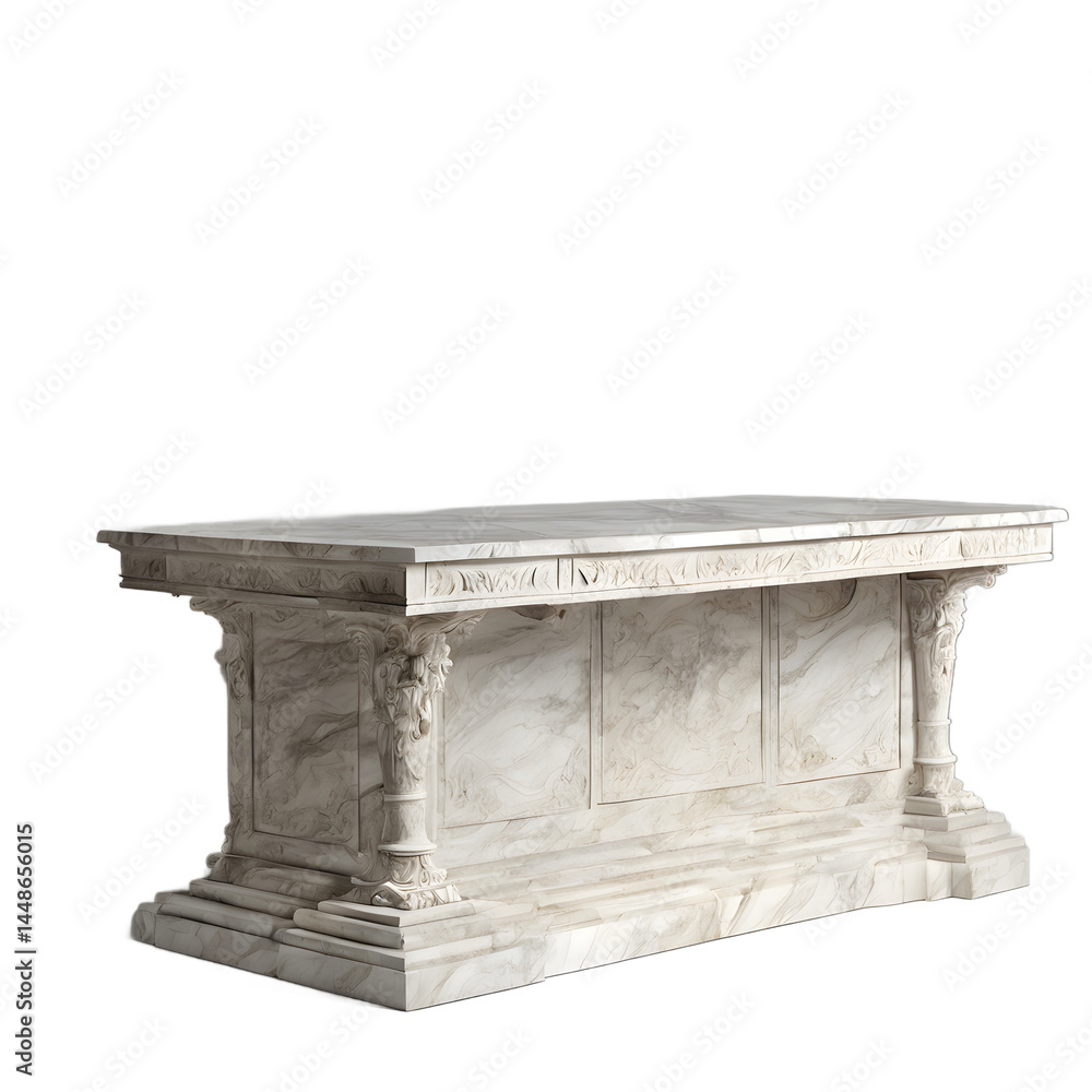 Poster ancient roman marble slab desk with carved pedestal base, isolated on a empty plain background