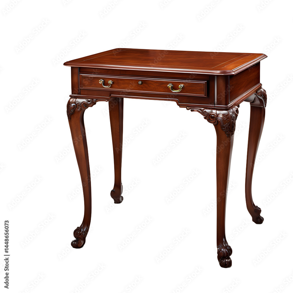 Poster colonial style cherry wood desk with cabriole legs, isolated on a empty plain background