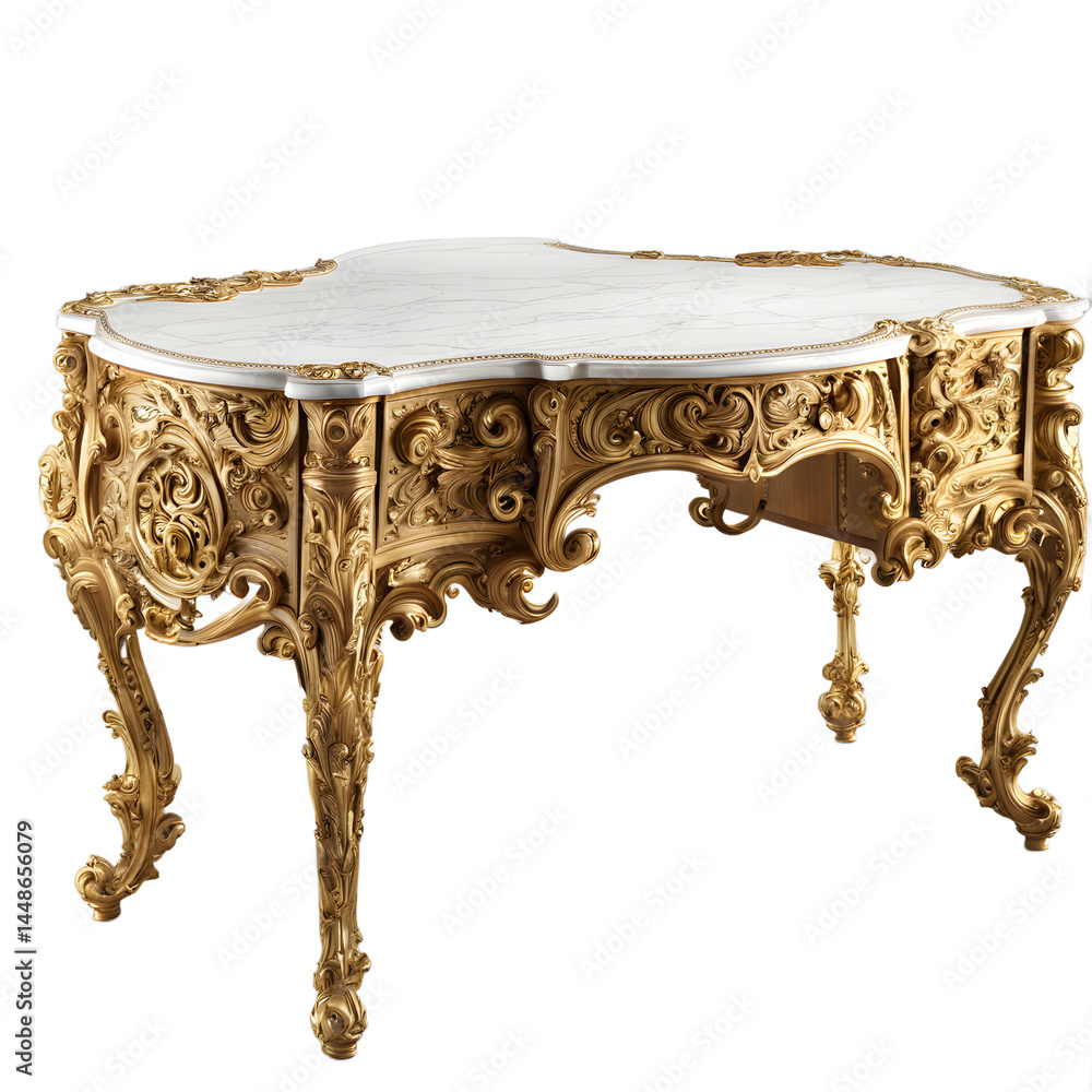 Poster Baroque ornate gilded wood desk with elaborate scrollwork, isolated on a empty plain background