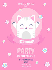 Children's birthday invitation for a girl with a white kitten on a pink background