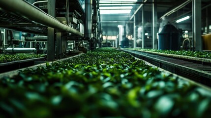 Clean indoor facility showing modern machinery sorting, drying, and packaging tea for commercial distribution. -