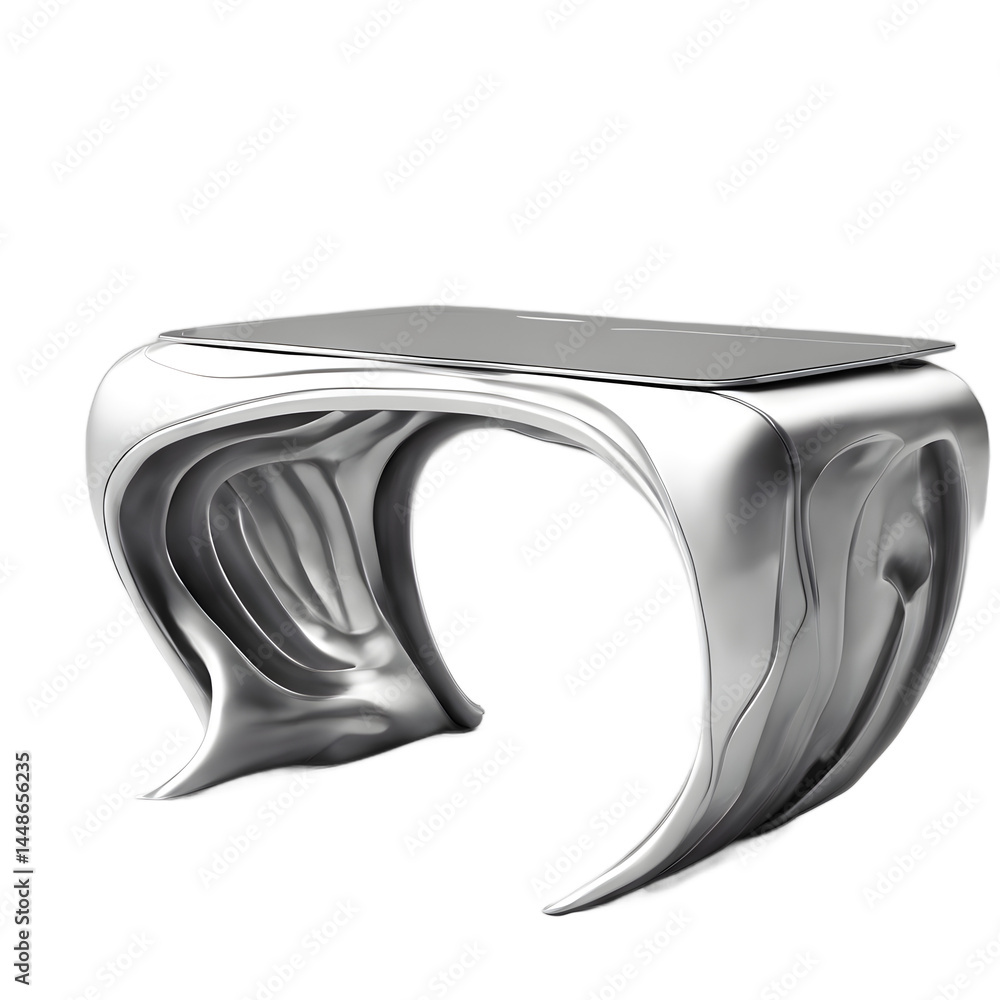 Poster neo-futuristic sculpted aluminum desk with fluid form, isolated on a empty plain background