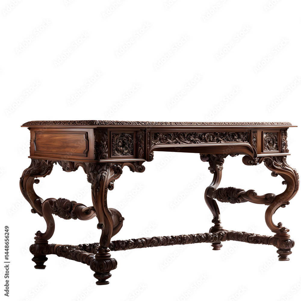 Aufkleber Old World heavy carved walnut desk with intricate scroll legs, isolated on a empty plain background