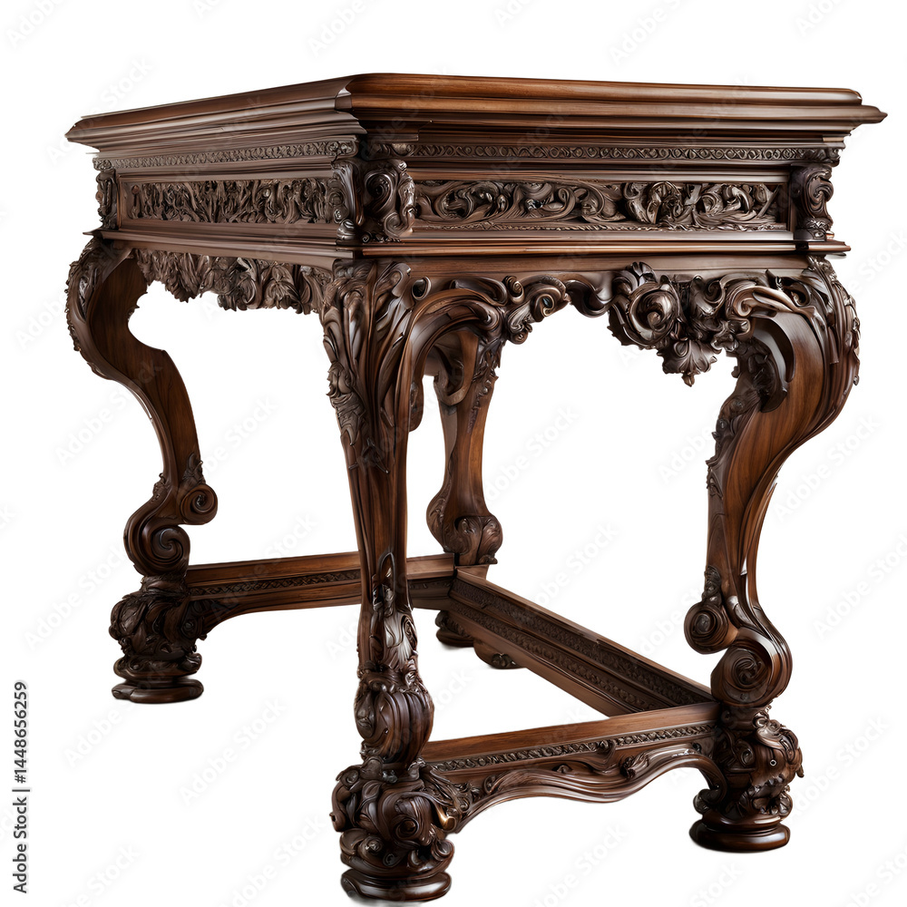 Poster Old World heavy carved walnut desk with intricate scroll legs, isolated on a empty plain background