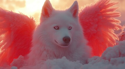 Angelic white dog with pink wings in snowy landscape
