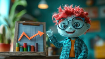 Animated character, presenting graph, business concept