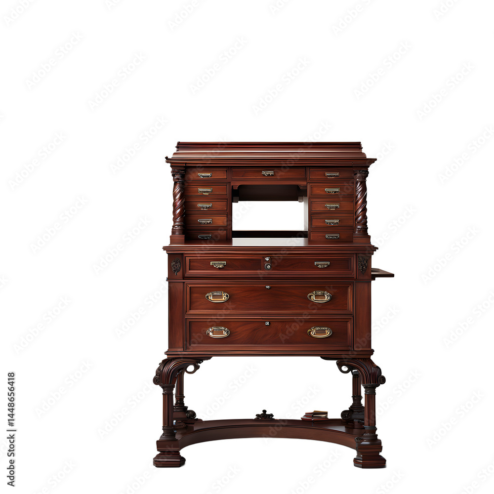 Poster Victorian mahogany Davenport desk with hinged top and side drawers, isolated on a empty plain background