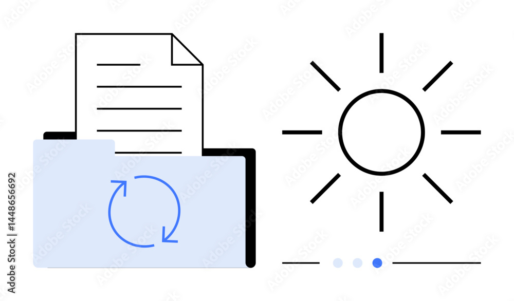 Poster file folder with document and refresh icon on left, sun icon on right representing energy. ideal for