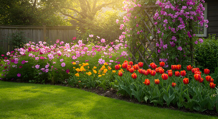 Lush Flowerbed Displaying Vibrant Tulips And Cosmos In A Tranquil Backyard Garden