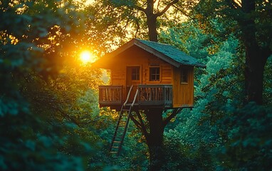 Wooden treehouse nestled in a forest at sunset