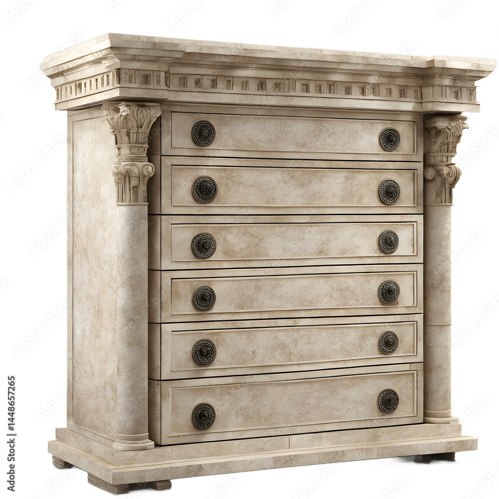 Poster ancient roman travertine dresser with blocky construction, isolated on a empty plain background