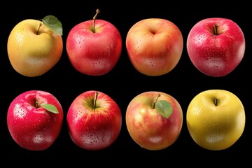 Assortment of fresh ripe apples on a black background showcasing vibrant colors and textures perfect for healthy eating concepts and culinary themes in a studio shot