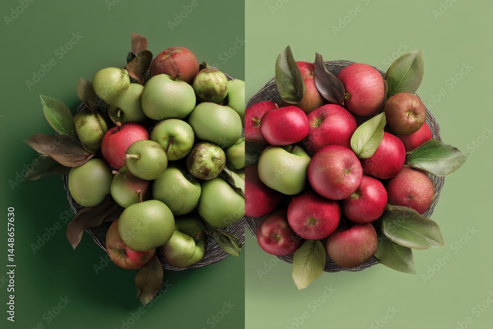 Aufkleber vibrant apples in a basket on a split background showcasing red and green varieties with lush leaves