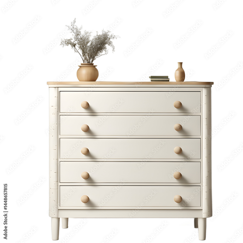 Poster scandinavian light birch wood dresser with minimalist round knobs, isolated on a empty plain backgro