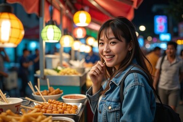 Delightful Street Food Experience: Smiling Asian Woman Enjoying Delicious Steaming Skewers or Noodles Outdoors