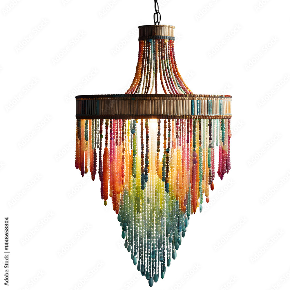 Poster Bohemian colorful bead fringe hanging lamp, isolated on a empty plain background