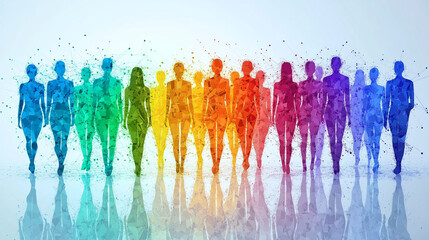 Diverse silhouettes in vibrant colors walking together on a reflective surface during a bright and creative atmosphere