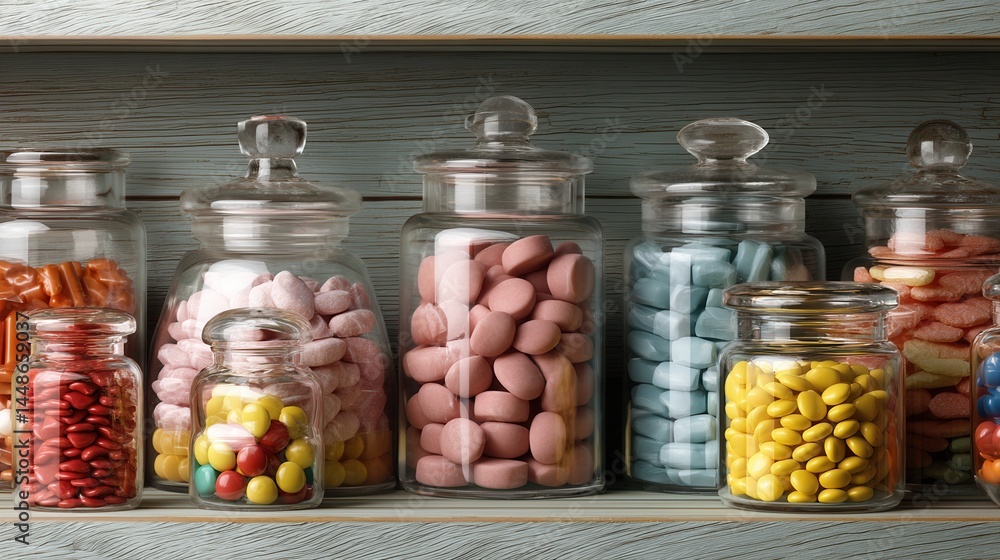 Poster assorted colorful candies in glass jars on rustic wooden shelf creating a vibrant and nostalgic mood