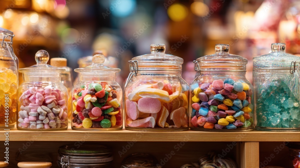 Poster colorful assortment of candies in glass jars on a wooden shelf creating a vibrant and inviting displ