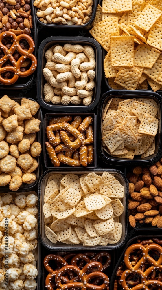 Aufkleber overhead shot of various savory snacks in black containers creating a visually appealing arrangement