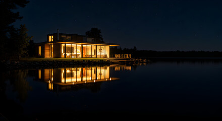 Naklejka premium Lakefront Retreat: Modern House Illuminated at Night with Water Reflection