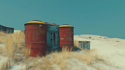 Obraz premium Abandoned storage tanks on a sandy hill