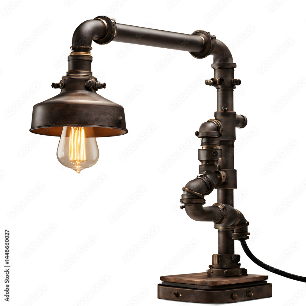 Poster Rustic industrial pipe desk lamp with Edison bulb, isolated on a empty plain background