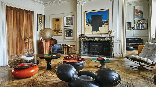 Chic living room with eclectic furniture, artwork, and a herringbone parquet floor
