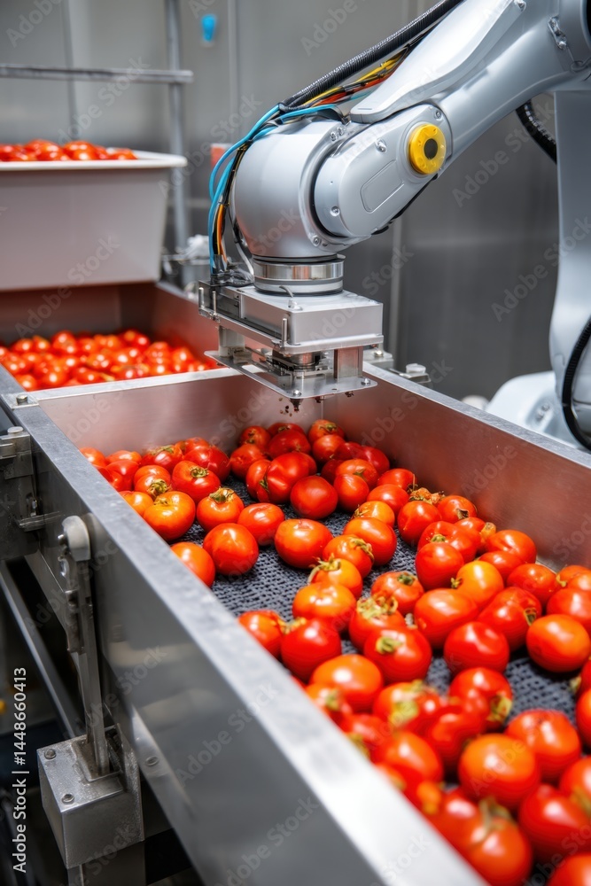 Poster automated tomato sorting process with robotic arm in food industry showcasing modern technology and 