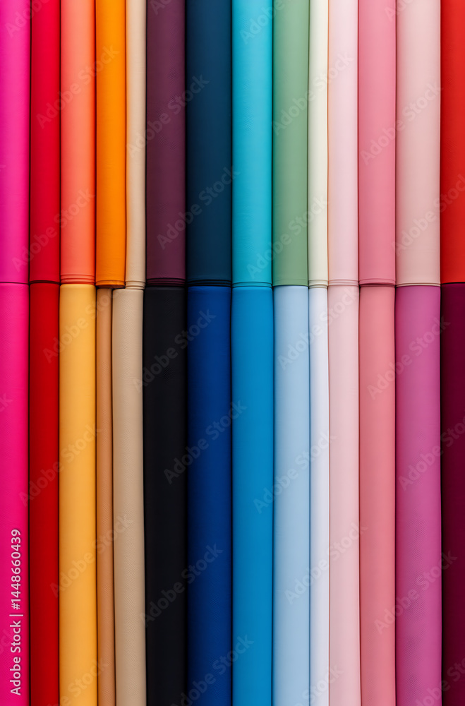 Aufkleber textiles in vibrant colors: display of rolled-up fabrics in a spectrum of shades, showcasing texture