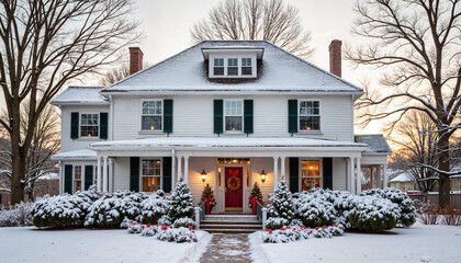 Victorian house decorated for Christmas in snowy winter, festive charm