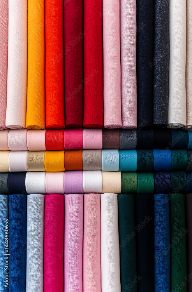 Poster A vibrant display of textiles in various colors. The fabrics, neatly arranged, create a visually appealing spectrum, perfect for a design element.