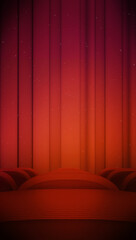 Stage red curtains, in front of empty, movie theatre seats. A 3D rendering graphics, event or show, vertical commercial background. Entertainment industry,  cinema concept template, with copy space