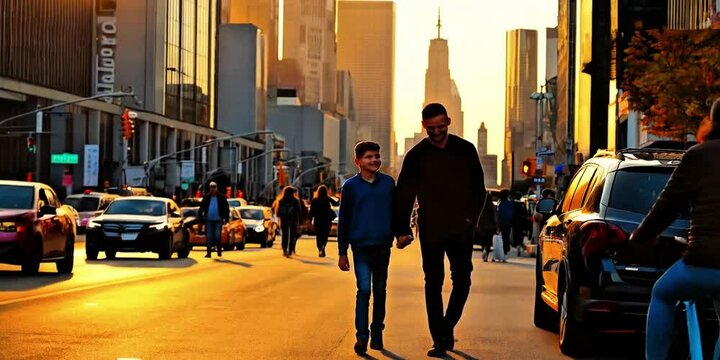 Manhattan henge sunset urban scene father son holding hands walking silhouettes golden hour sunset light cityscape skyscrapers traffic bustling streets dramatic shadows crowd street buildings family