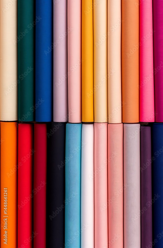 Poster colorful textile rolls arranged in an organized display, showcasing a spectrum of soft textures and 