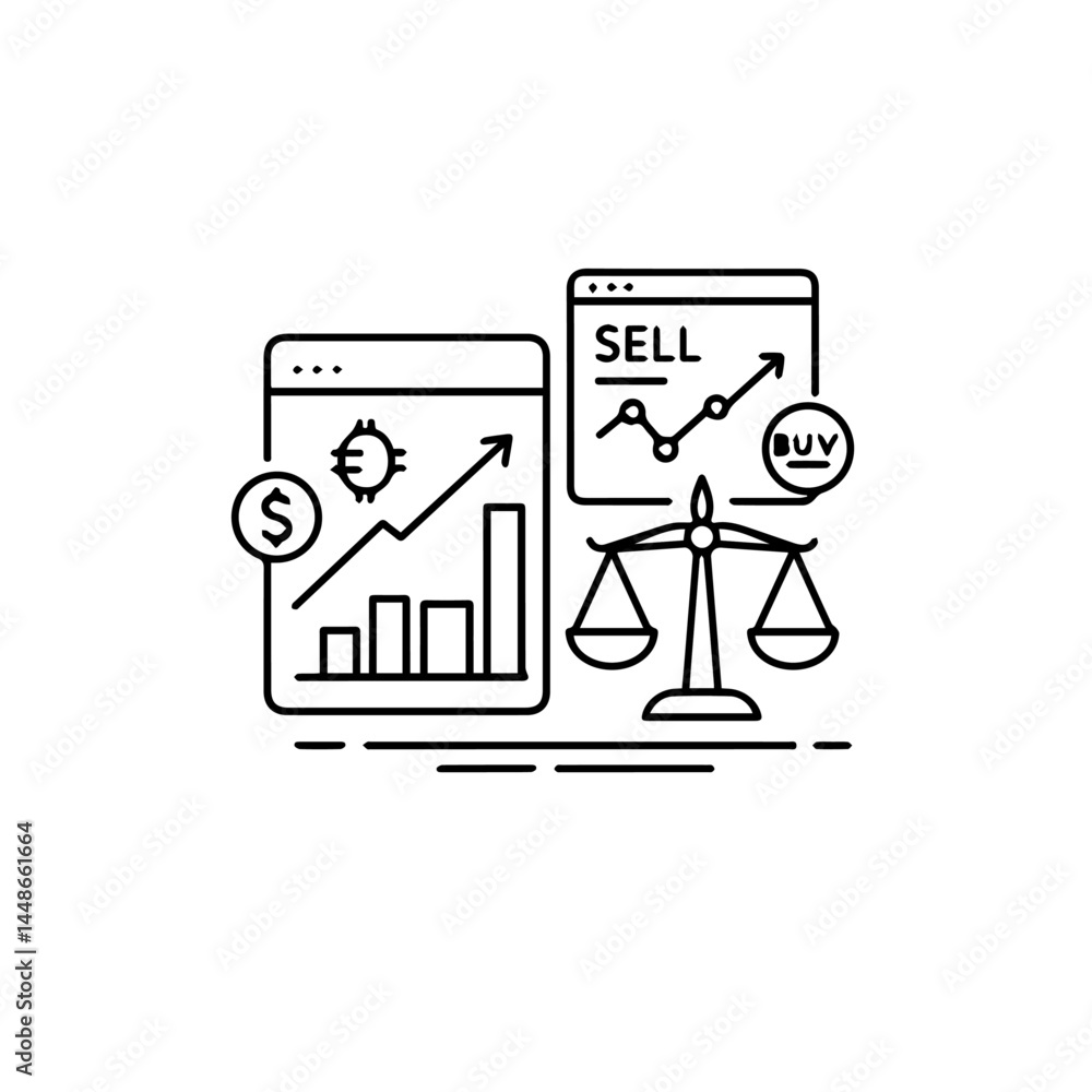 Poster business graph analysis with balance scale in minimal line art