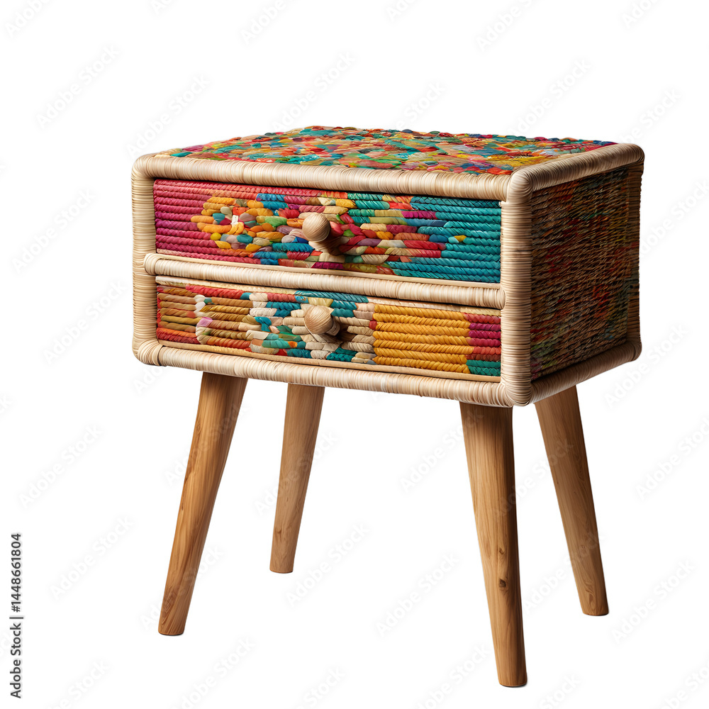 Poster Bohemian woven rattan nightstand with colorful detailing, isolated on a empty plain background