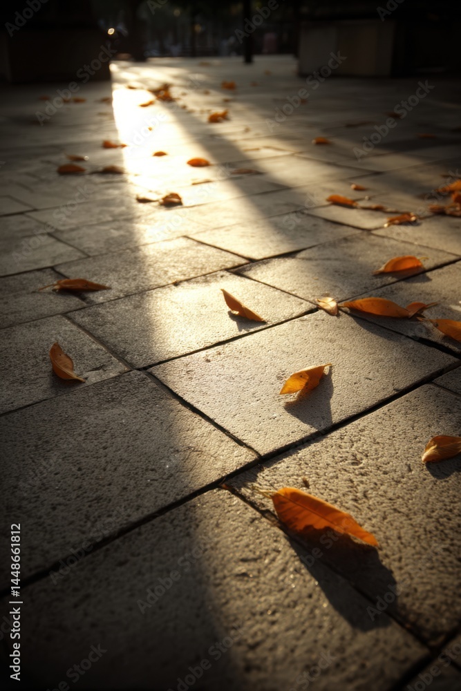 Poster golden sunlight casting shadows on a brick path adorned with fallen autumn leaves creating a serene 